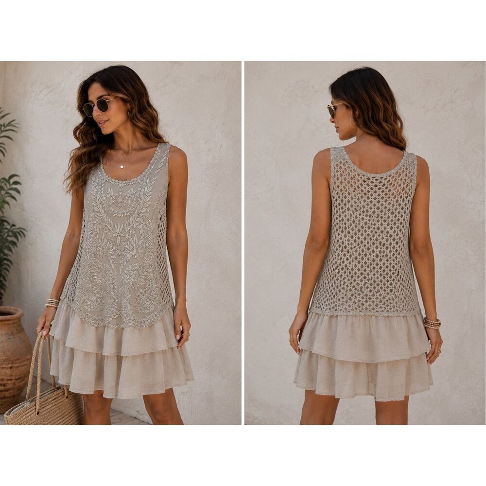 Luxury Boutique Made In Italy Embroidered Boho Dress Size 8 Rare Beige Lace